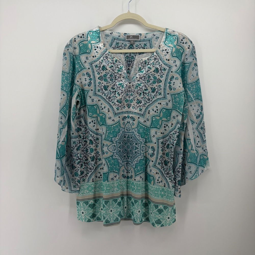 JM Collection Womens Medium Teal Paisley 3/4 Bell Sleeve Sequin V-Neck Top